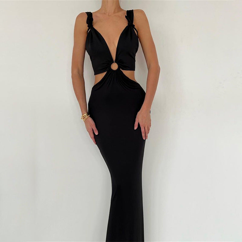 Sexy Fashion Stitching Neck Straps Backless Long Dress