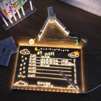 Tablero de notas de acrílico DIY Luz de noche LED Tablero de mensajes creativo Lámpara de vacaciones con 7 bolígrafos Lámpara de escritorio LED USB Nota Lámpara de pintura de momento diario