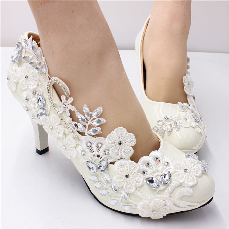 White Wedding Shoes Round Toe Leather