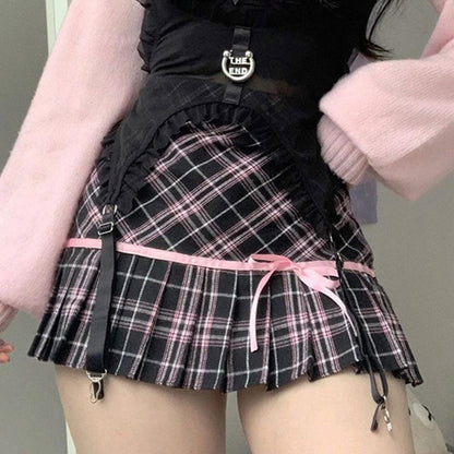 Low Waist Plaid Retro Pleated Skirt Women's