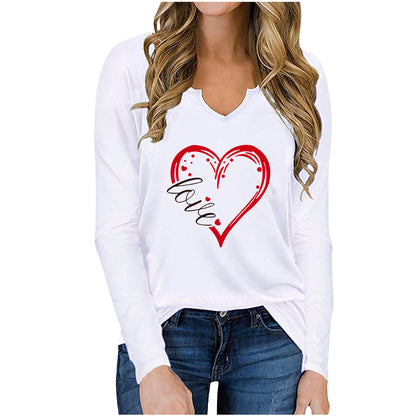 Vneck Valentines Day Printed Tshirt Cross-border Longsleeved Loose Top