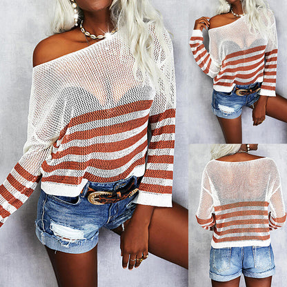 Top de manga larga con cuello redondo transparente American Stripes