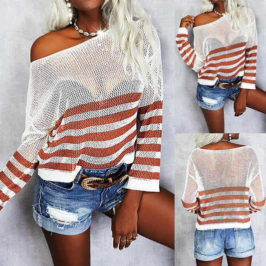 American Stripes See-Through Round Neck Long-Sleeved Top