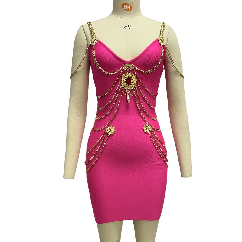 Gold Chain Bandage One-piece Dress