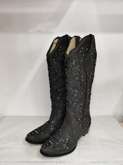 Rhinestone Hollow Flower Stiched High Boots