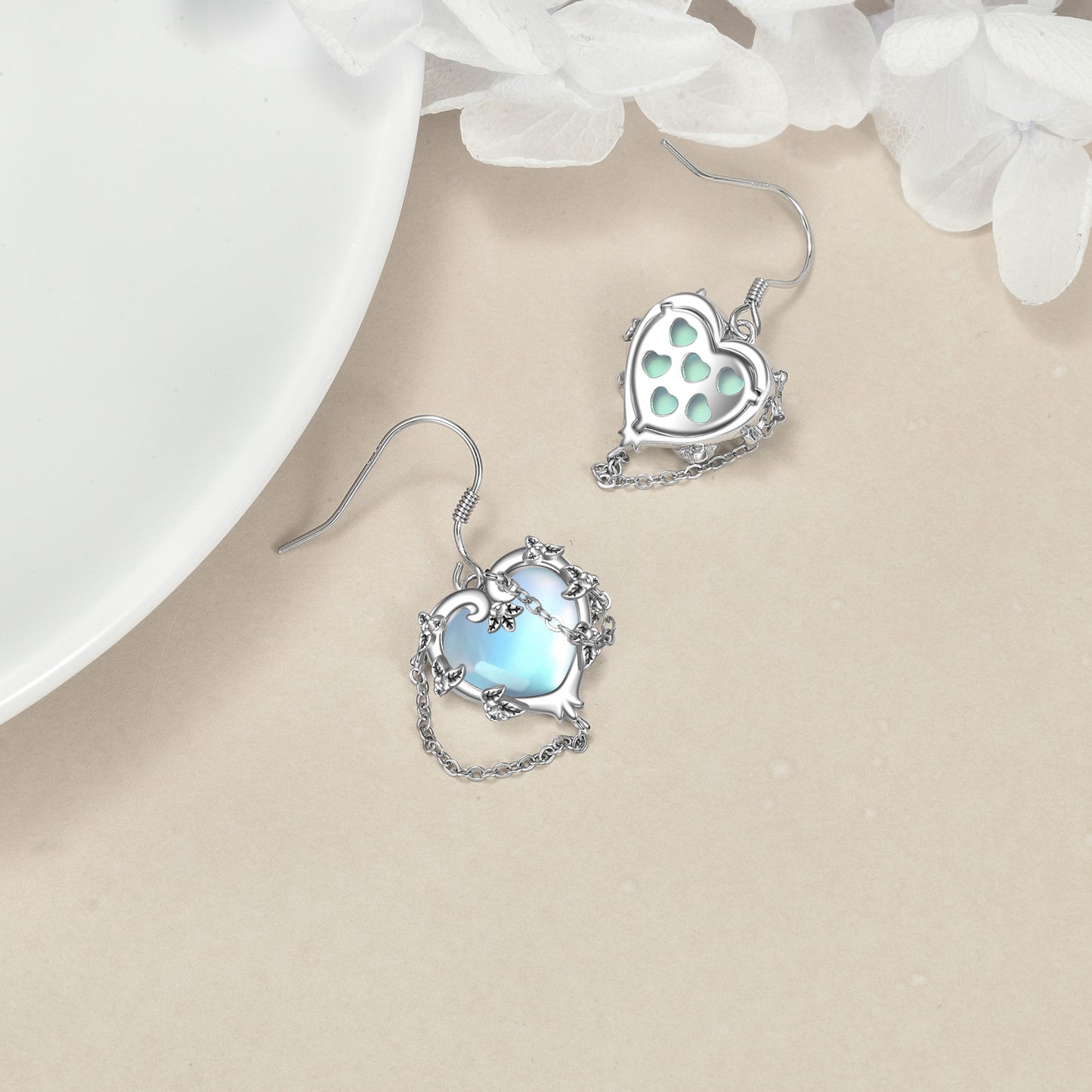 Pendientes de piedra lunar con forma de corazón de brujas, joyería de plata de ley 925 para mujer