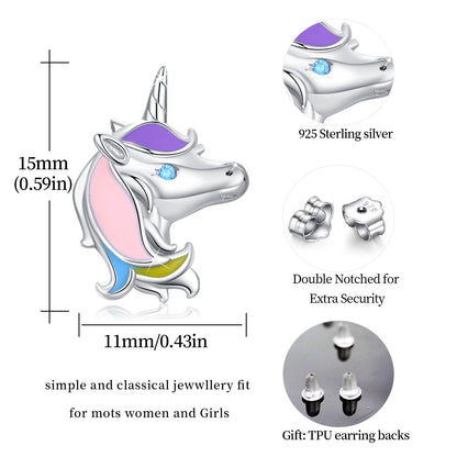 Pendientes Adorables Unicornio Plata de Ley 925