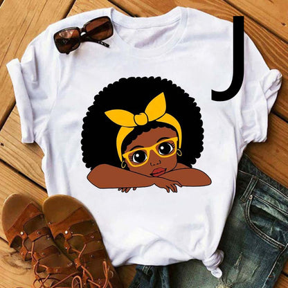 Camiseta de manga corta con estampado de niña negra africana para mujer