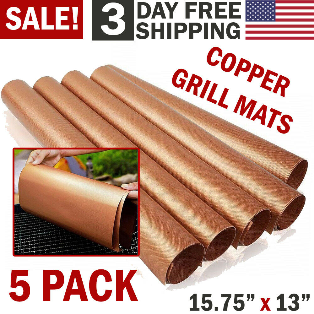 5pc Copper Grill Mats Baking Non Stick BBQ Mat Pad Bake Cooking Oven Sheet Liner