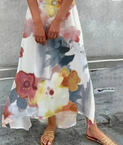 V-Neck Resort Casual Floral Print A-Line Long Dress