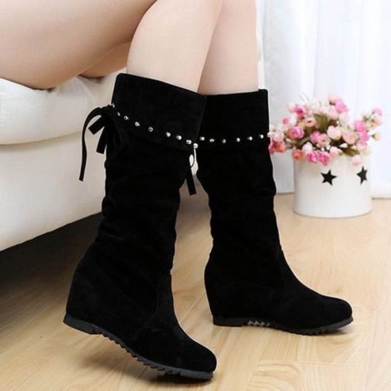 Nubuck Wedge Long Suede Flat Tall Boots