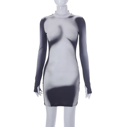Printed Long-sleeved Slim Round Neck Short Dresses