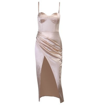 High-open Sexy Pleated Satin Dress