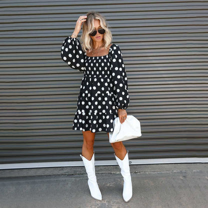 Polka Dot Print Square Neck Lantern Long Sleeve Panel Casual Dress