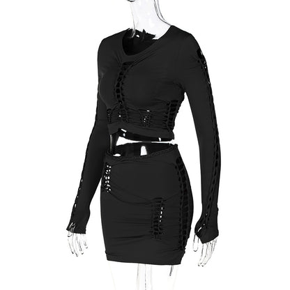 Cut Out Round Neck Long Sleeve Slim 2pc. Skirt Suit