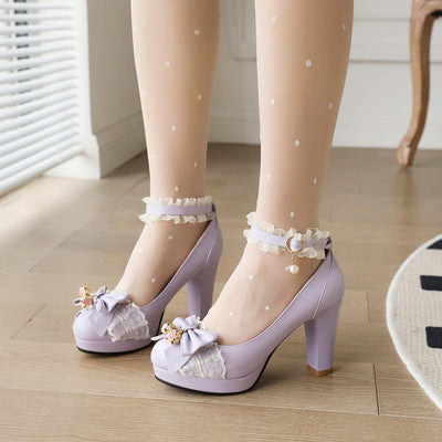 Thick Heel Single Bow Shoes