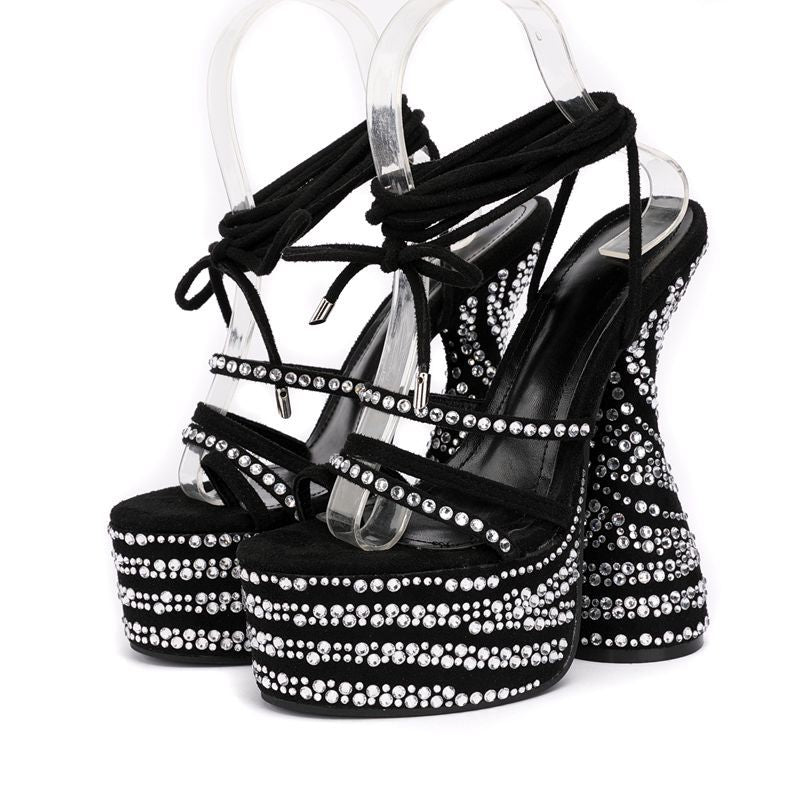 Round Head Rhinestone Thick Ultra-high Heel Sandals