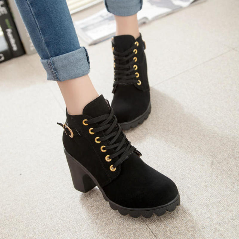 Women  Women Martin Boots Woman Ankle Boots Lace-up Ladies High Heel Shoes Vintage Women Boots