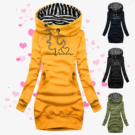 Heart Print Long Hoodie Sweatshirt Pullover Tops