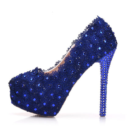 Zapatos de encaje azul con diamantes de imitación de encaje