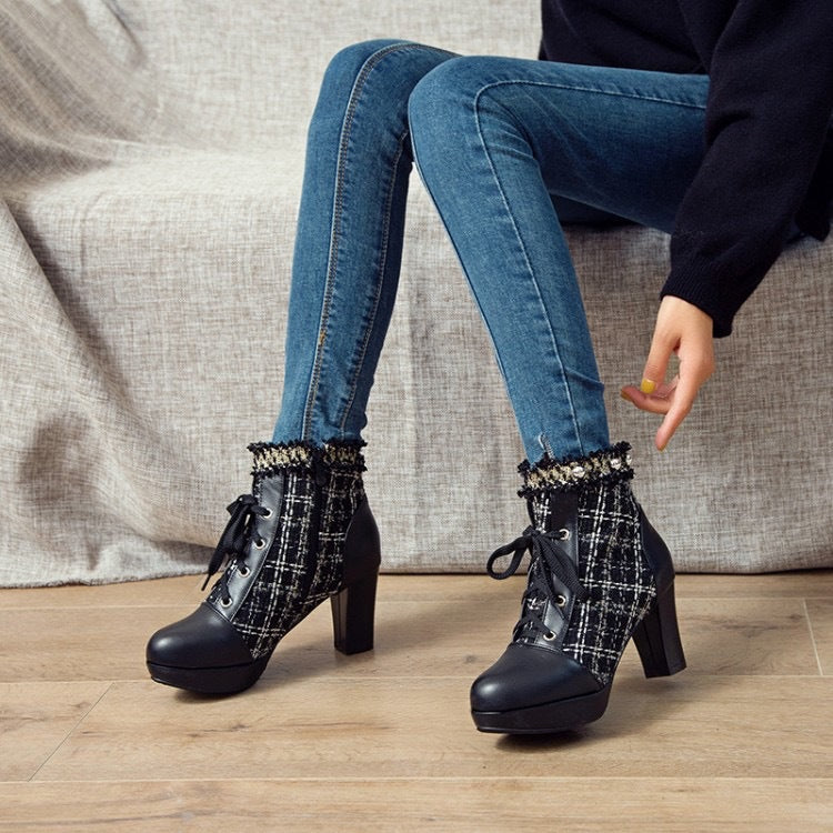 Stitching Lace Sweet Thick Heel Short Boots