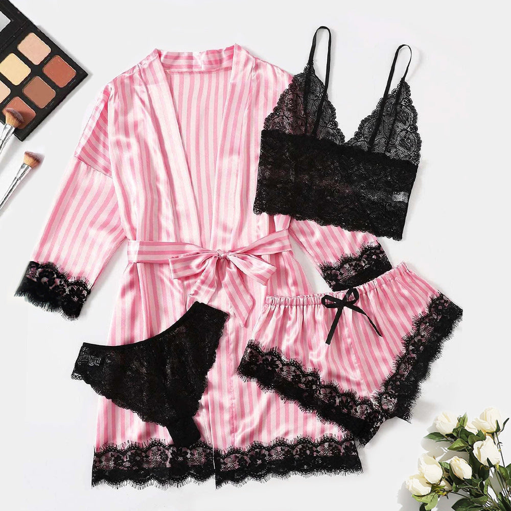 Satin Pink Striped Coat Lace Bra Underwear 4pc.Set