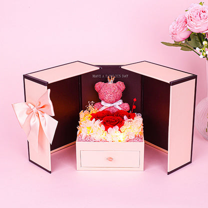 Caja de regalo de flores frescas preservadas de osito para el día de San Valentín