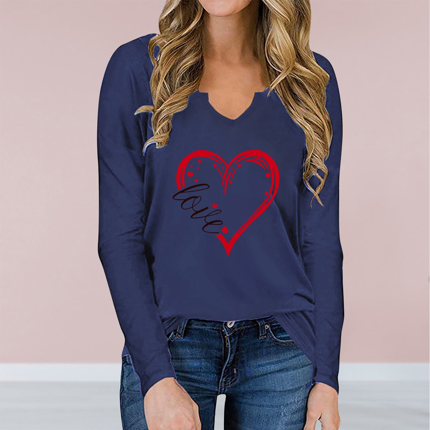 Vneck Valentines Day Printed Tshirt Cross-border Longsleeved Loose Top