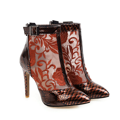 Pointed Ankle Boots Printed Thin Heel & Buckle Zipper