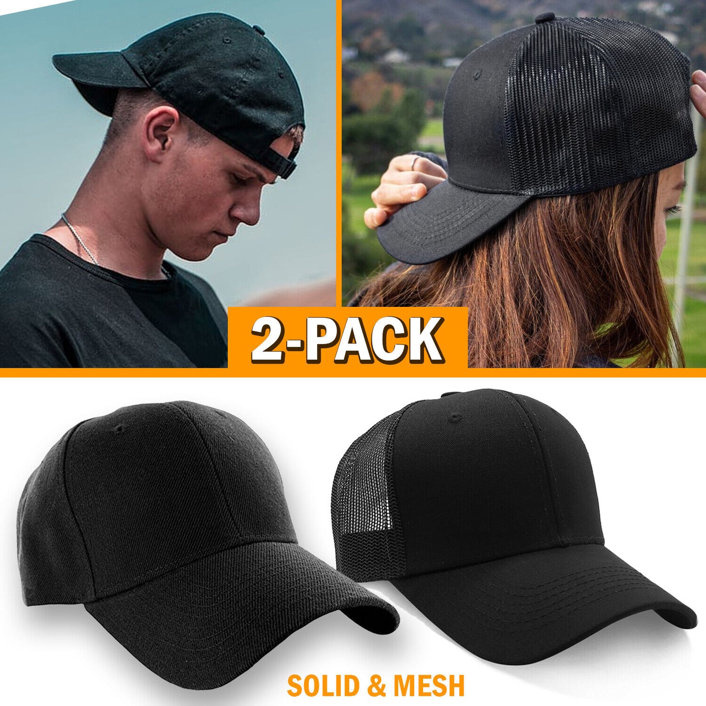 2 Pack Baseball Cap Ball Dad Hat Adjustable Plain Solid Washed Mesh Men Women