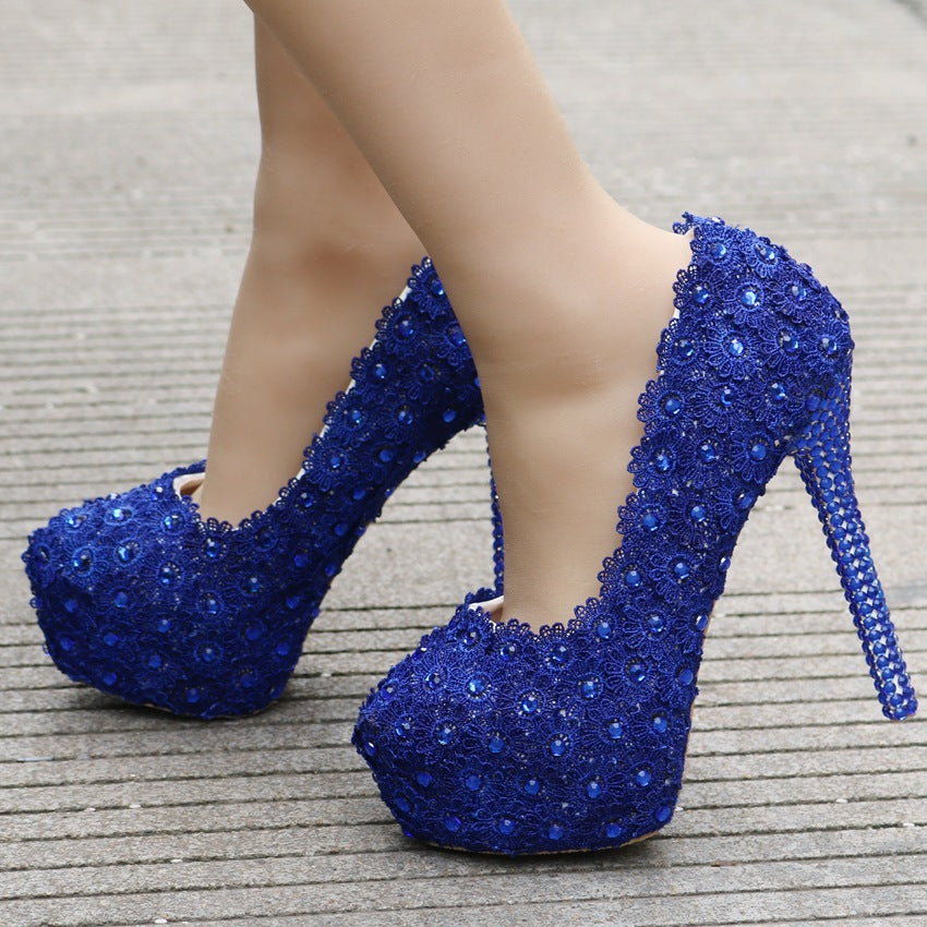 Zapatos de encaje azul con diamantes de imitación de encaje