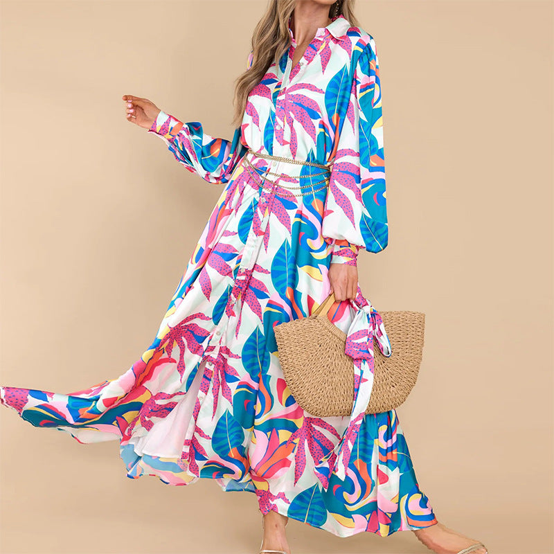 New Printed Long-sleeved Polo Collar Free Flowing Dress