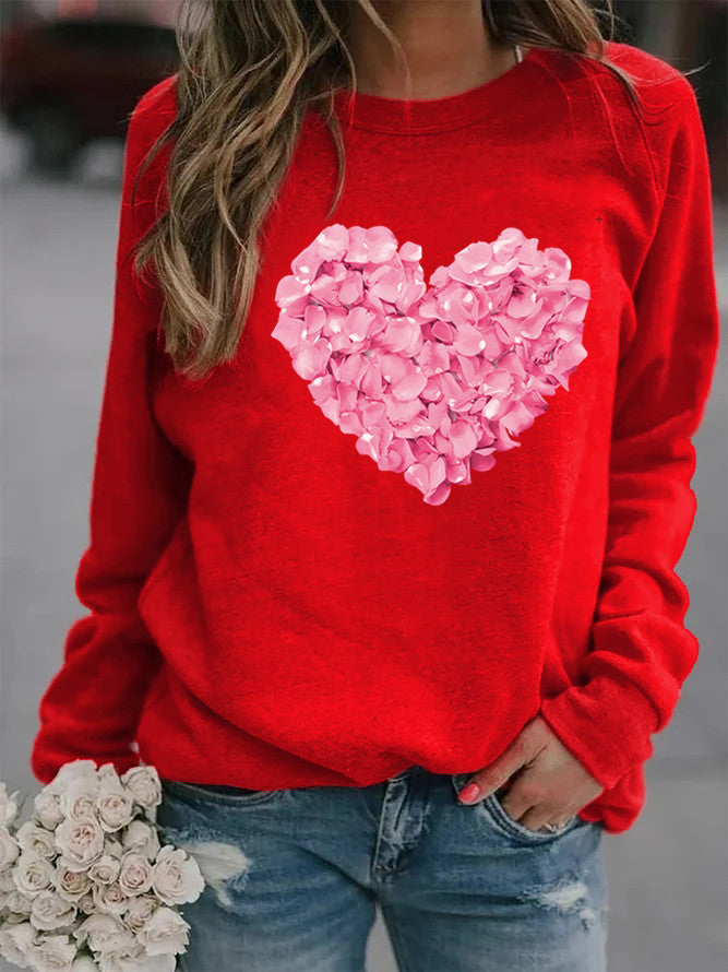 Valentine's Day Love Heart Flowers Printed Crew Neck Sweatshirt