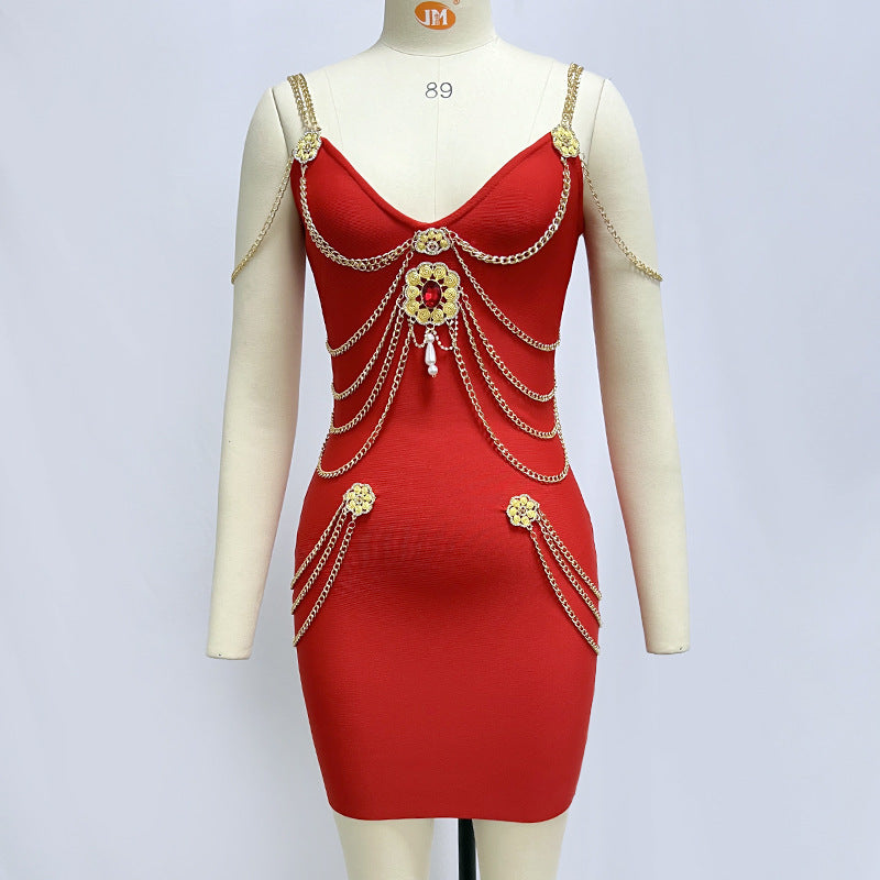 Gold Chain Bandage One-piece Dress