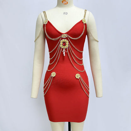 Gold Chain Bandage One-piece Dress