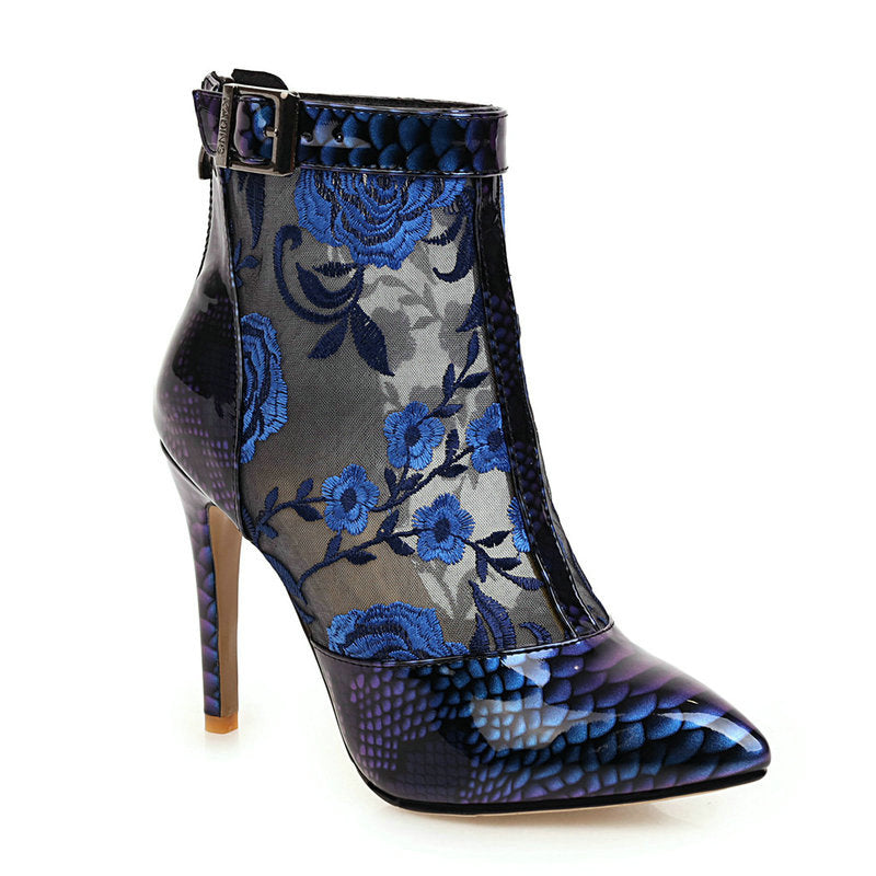 Pointed Ankle Boots Printed Thin Heel & Buckle Zipper