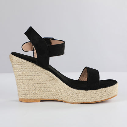 Ankle-wrap Solid Black Open Toe Platform High Heels Wedge