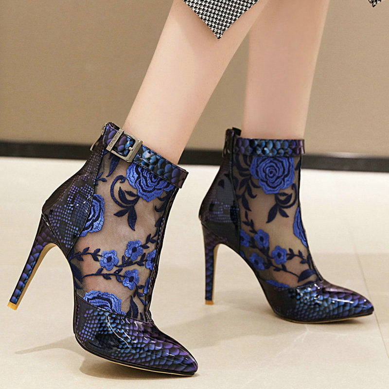 Pointed Ankle Boots Printed Thin Heel & Buckle Zipper