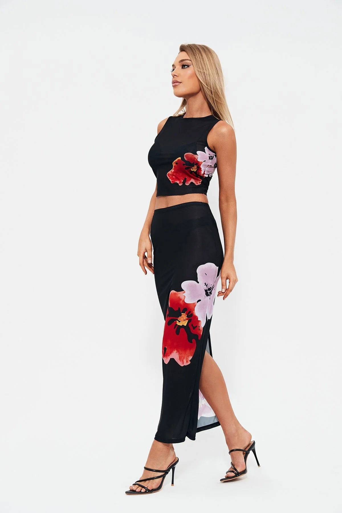 Sleeveless Printed Hip Slit Skirt Set