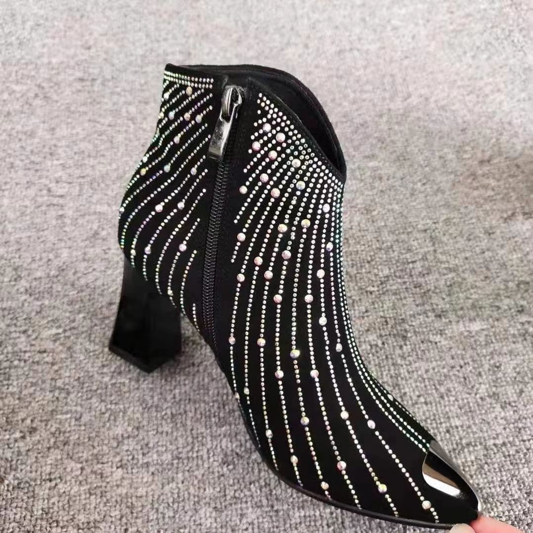 Pointed Toe High Heel Starry Rhinestone Booties