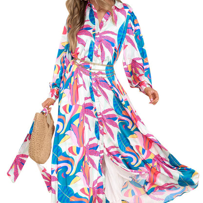 New Printed Long-sleeved Polo Collar Free Flowing Dress