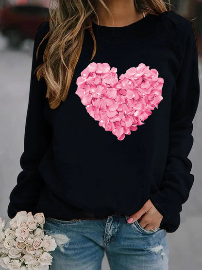 Valentine's Day Love Heart Flowers Printed Crew Neck Sweatshirt