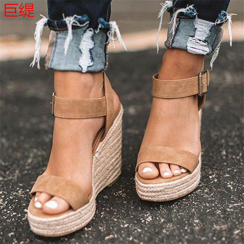 Ankle-wrap Solid Black Open Toe Platform High Heels Wedge