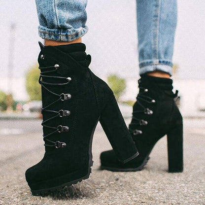 Round Toe Lace UP High Heels Boots Mid Calf