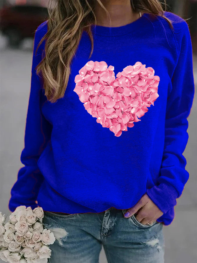 Valentine's Day Love Heart Flowers Printed Crew Neck Sweatshirt