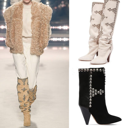 Studded Wedge Heel Point Toe Over-the-knee Boots