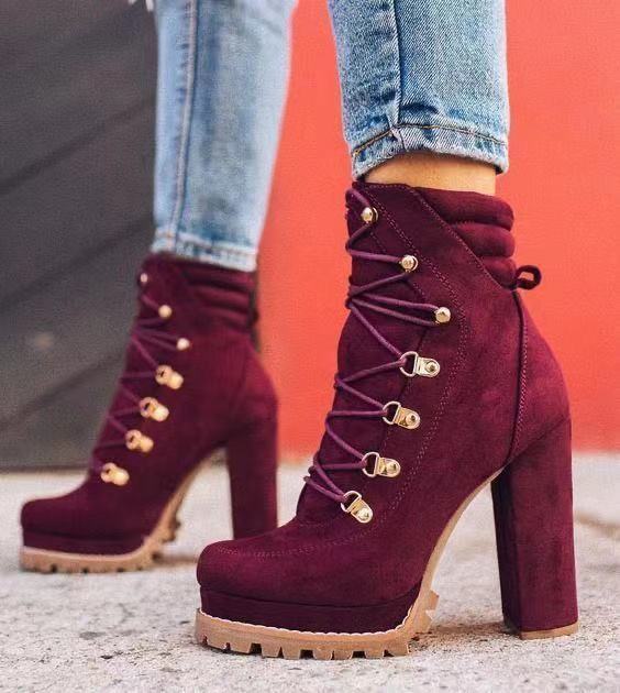 Round Toe Lace UP High Heels Boots Mid Calf