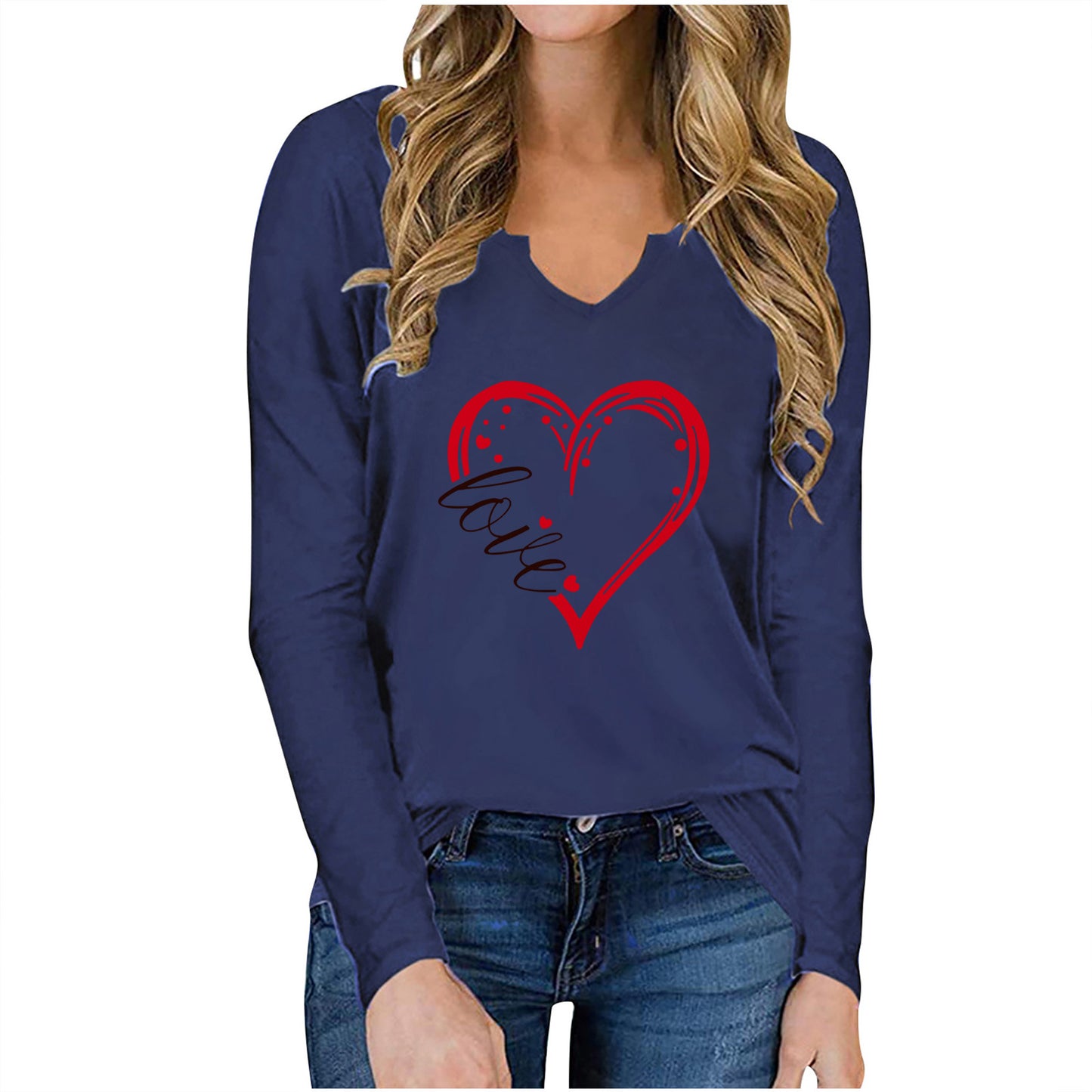 Vneck Valentines Day Printed Tshirt Cross-border Longsleeved Loose Top