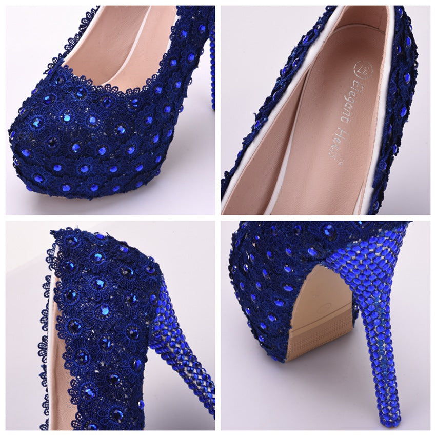 Zapatos de encaje azul con diamantes de imitación de encaje