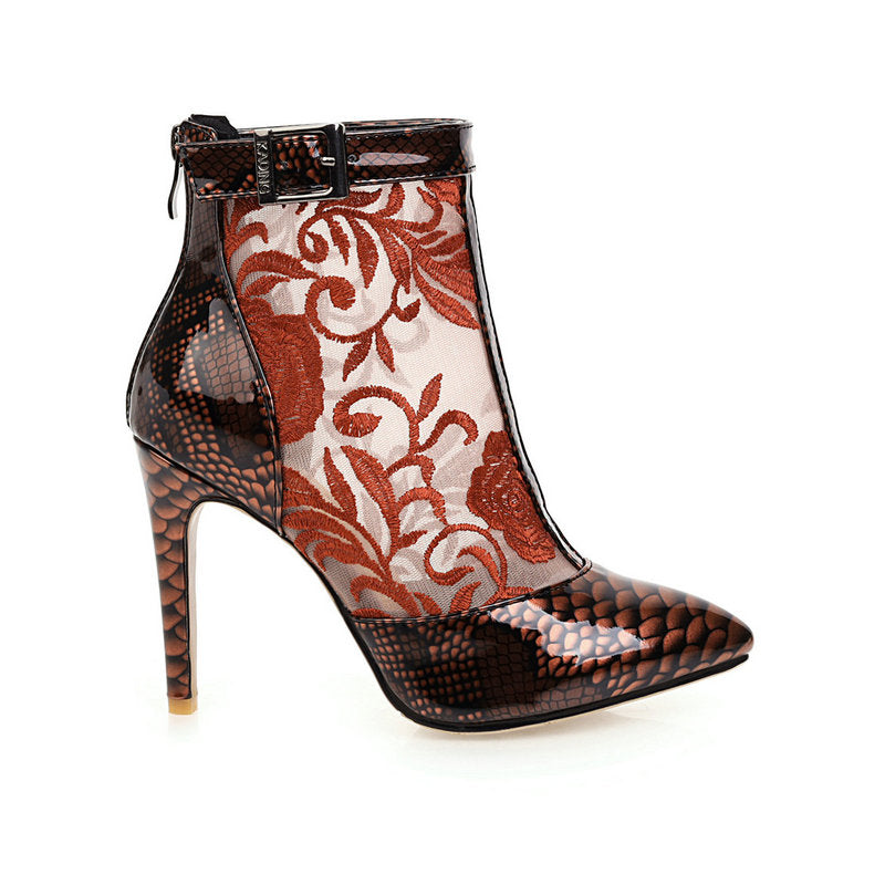 Pointed Ankle Boots Printed Thin Heel & Buckle Zipper